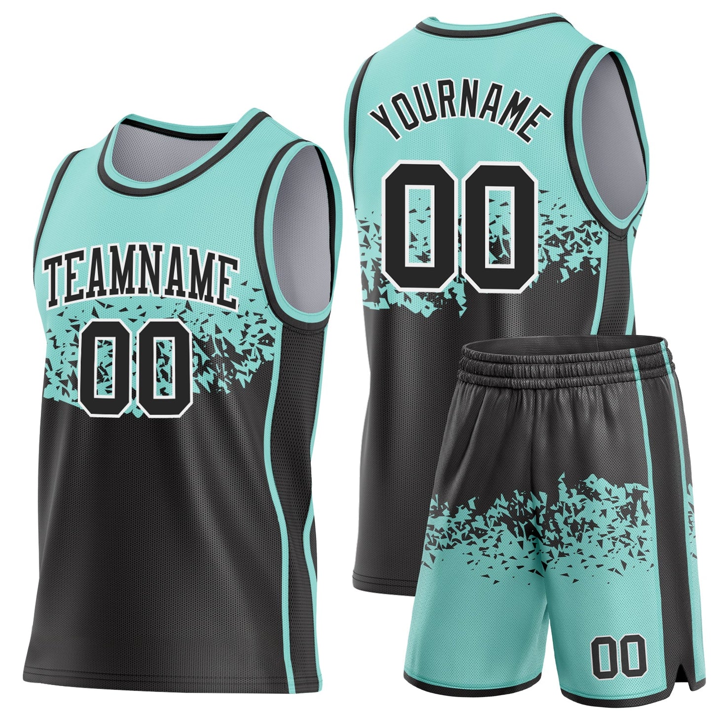 Custom Ice Blue Black-White Shattered Geometric Side Panel Stripe Round Neck Sublimation Basketball Set Jersey