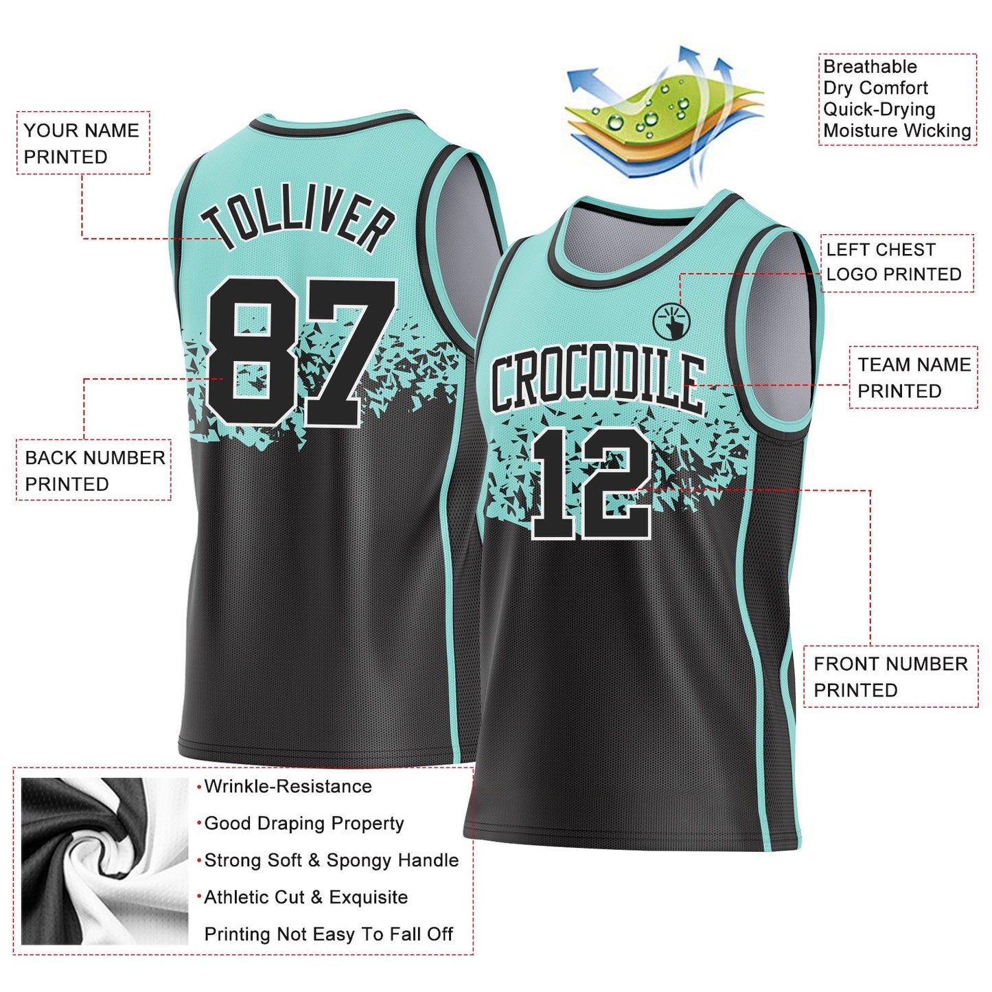 Custom Ice Blue Black-White Shattered Geometric Side Panel Stripe Round Neck Sublimation Basketball Set Jersey