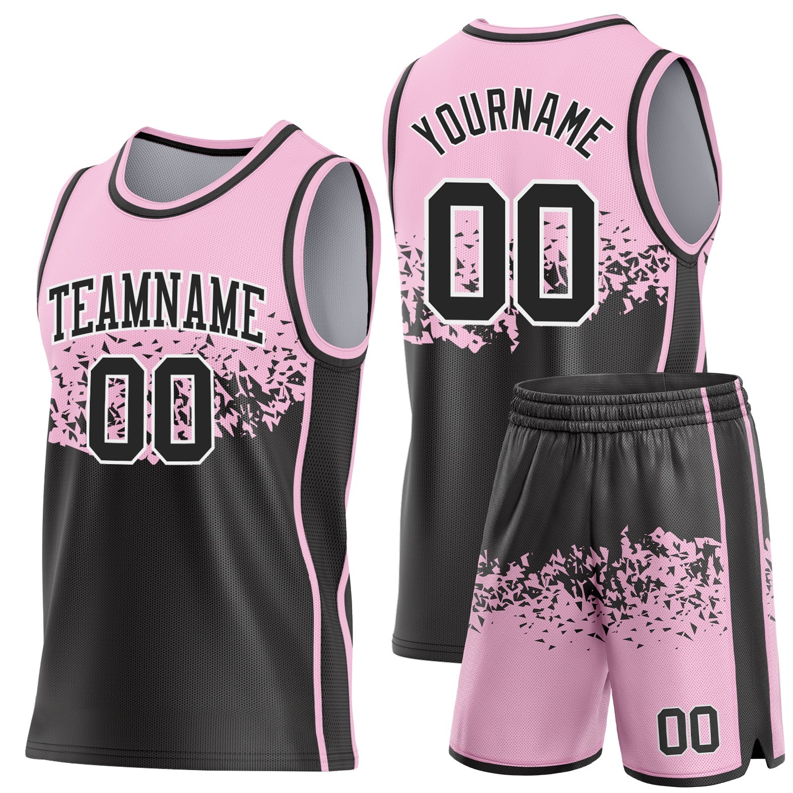 Custom Light Pink Black-White Shattered Geometric Side Panel Stripe Round Neck Sublimation Basketball Set Jersey
