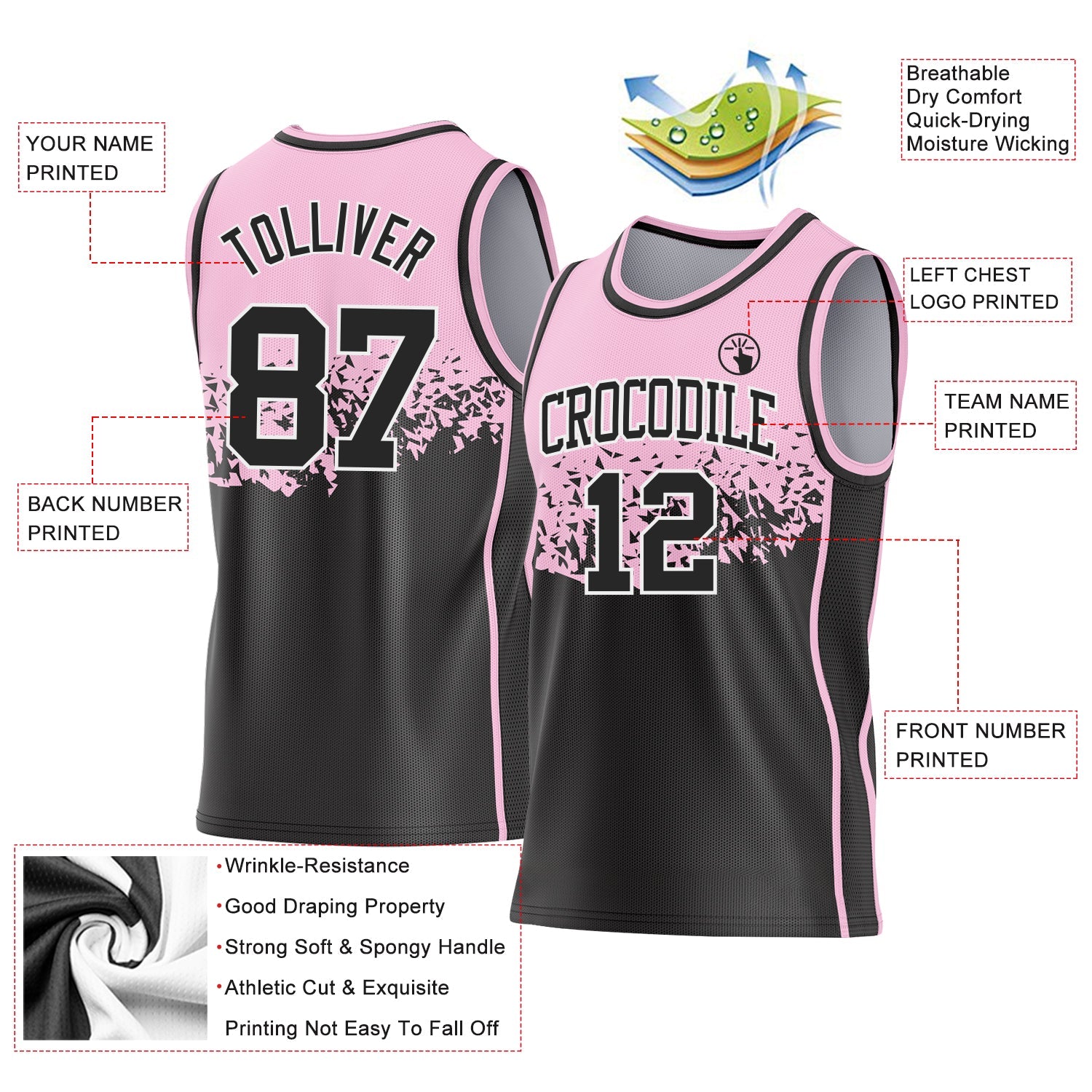 Custom Light Pink Black-White Shattered Geometric Side Panel Stripe Round Neck Sublimation Basketball Set Jersey
