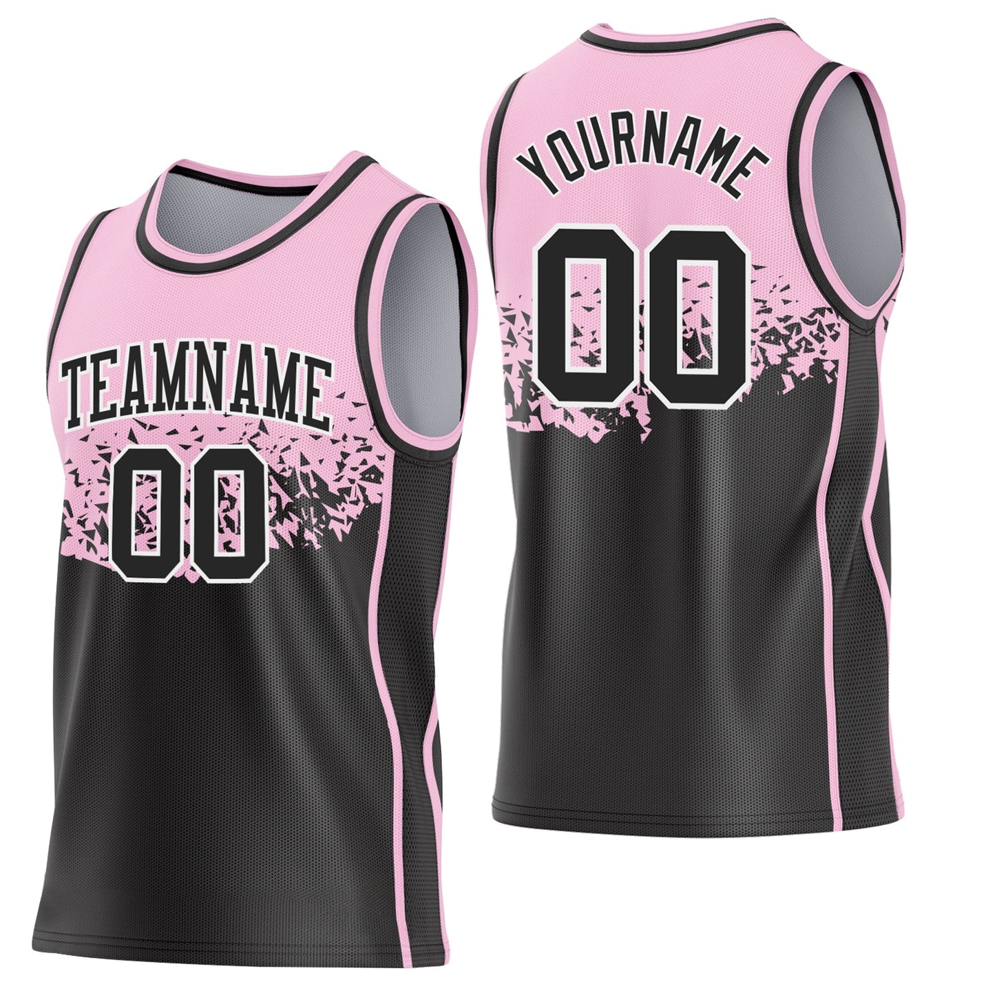 Custom Light Pink Black-White Shattered Geometric Side Panel Stripe Round Neck Sublimation Basketball Set Jersey