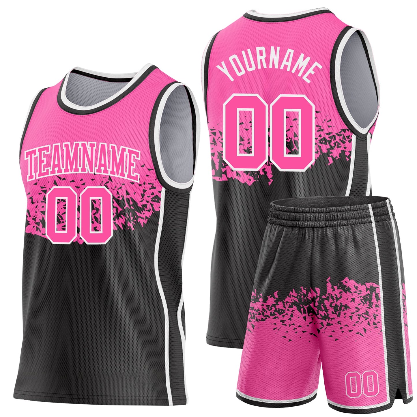 Custom Pink Black-White Shattered Geometric Side Panel Stripe Round Neck Sublimation Basketball Set Jersey