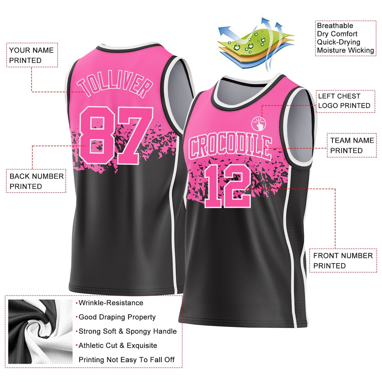 Custom Pink Black-White Shattered Geometric Side Panel Stripe Round Neck Sublimation Basketball Set Jersey