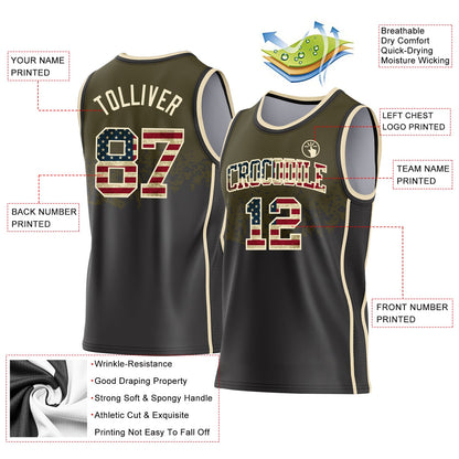 Custom Olive Vintage USA Flag Black-Cream Shattered Geometric Side Panel Stripe Round Neck Sublimation Basketball Set Jersey