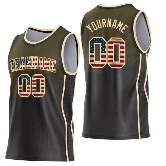 Custom Olive Vintage USA Flag Black-Cream Shattered Geometric Side Panel Stripe Round Neck Sublimation Basketball Set Jersey