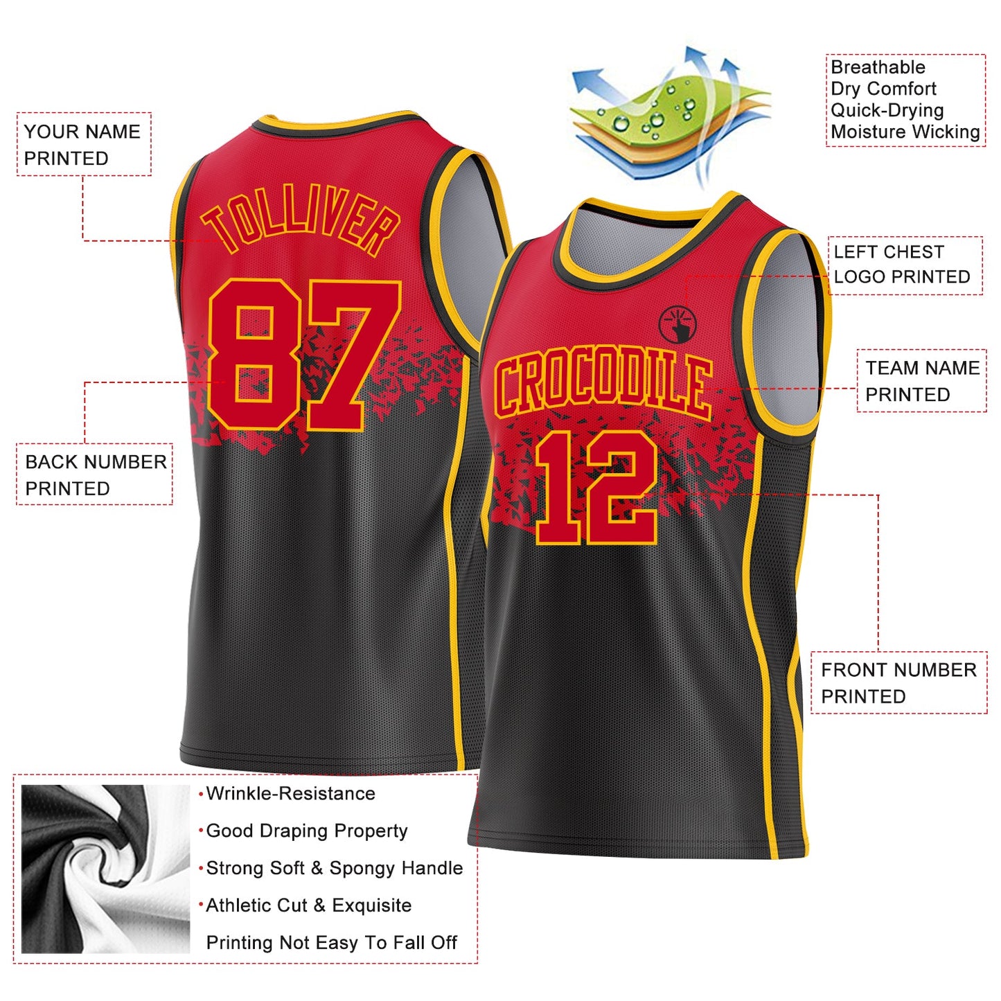 Custom Red Black-Gold Shattered Geometric Side Panel Stripe Round Neck Sublimation Basketball Set Jersey