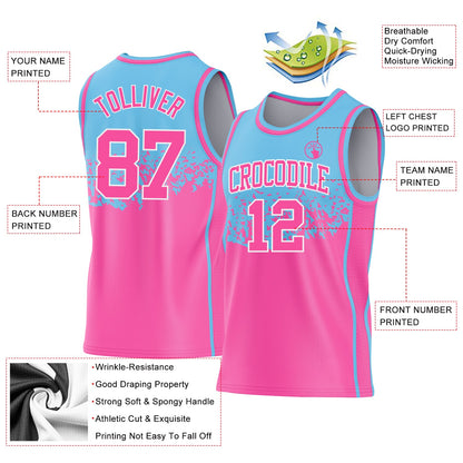Custom Sky Blue Pink-White Shattered Geometric Side Panel Stripe Round Neck Sublimation Basketball Set Jersey