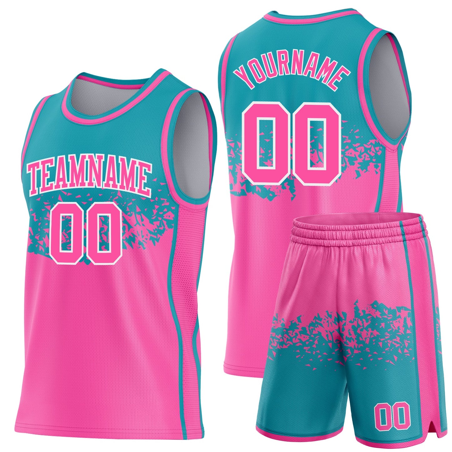 Custom Teal Pink-White Shattered Geometric Side Panel Stripe Round Neck Sublimation Basketball Set Jersey