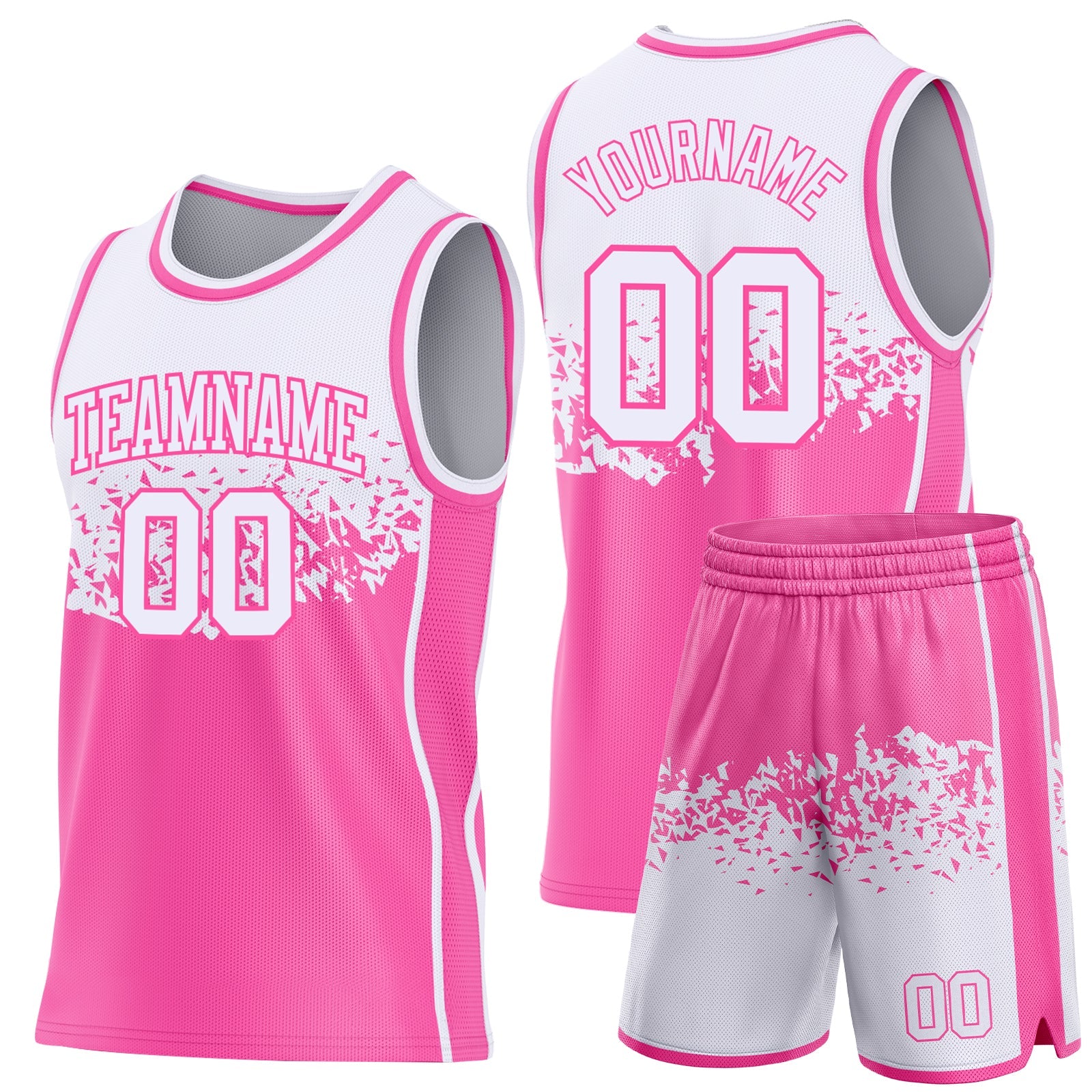 Custom White-Pink Shattered Geometric Side Panel Stripe Round Neck Sublimation Basketball Set Jersey