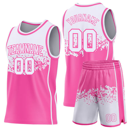 Custom White-Pink Shattered Geometric Side Panel Stripe Round Neck Sublimation Basketball Set Jersey