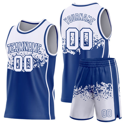 Custom White-Royal Shattered Geometric Side Panel Stripe Round Neck Sublimation Basketball Set Jersey