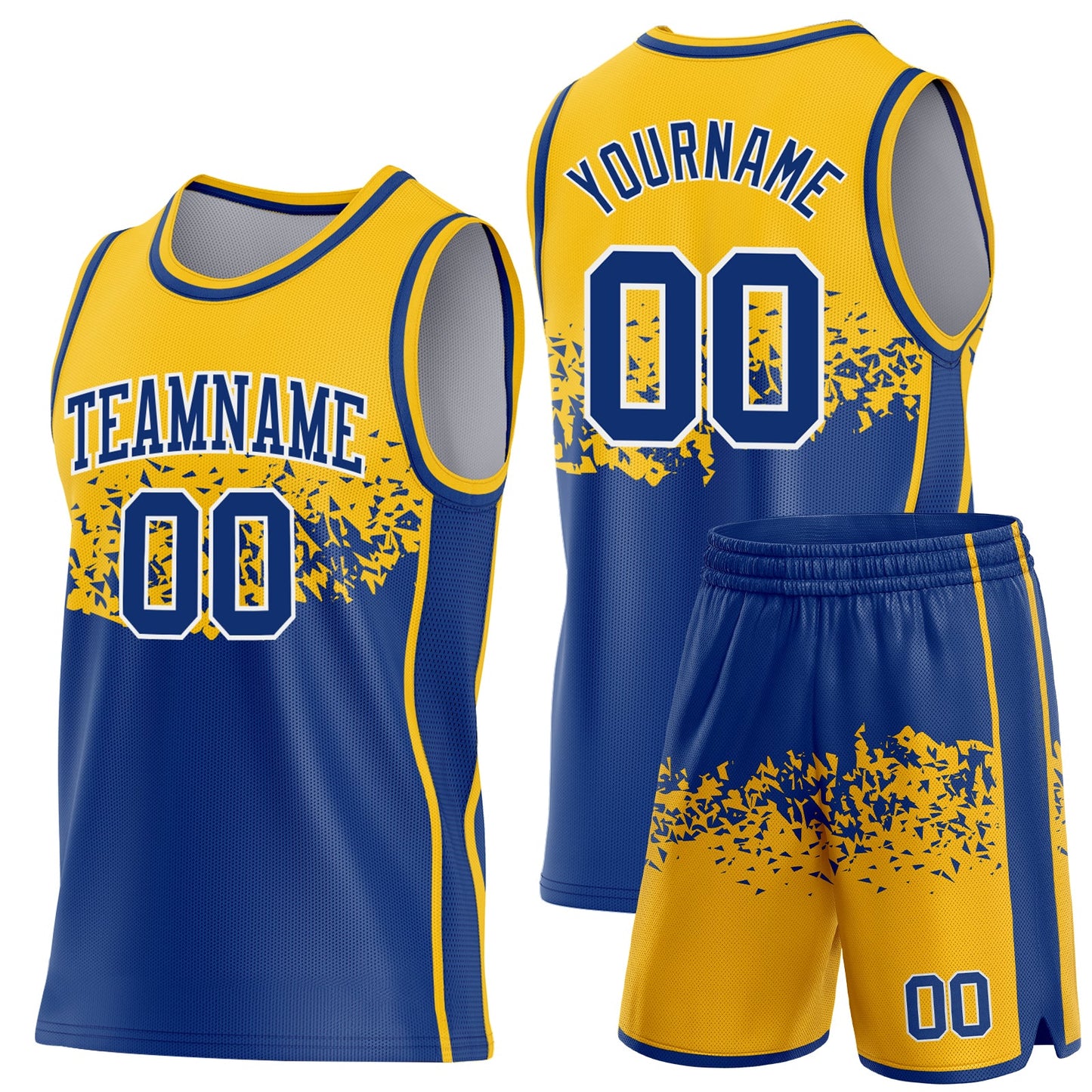 Custom Gold Royal-White Shattered Geometric Side Panel Stripe Round Neck Sublimation Basketball Set Jersey