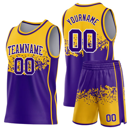 Custom Gold Purple-White Shattered Geometric Side Panel Stripe Round Neck Sublimation Basketball Set Jersey