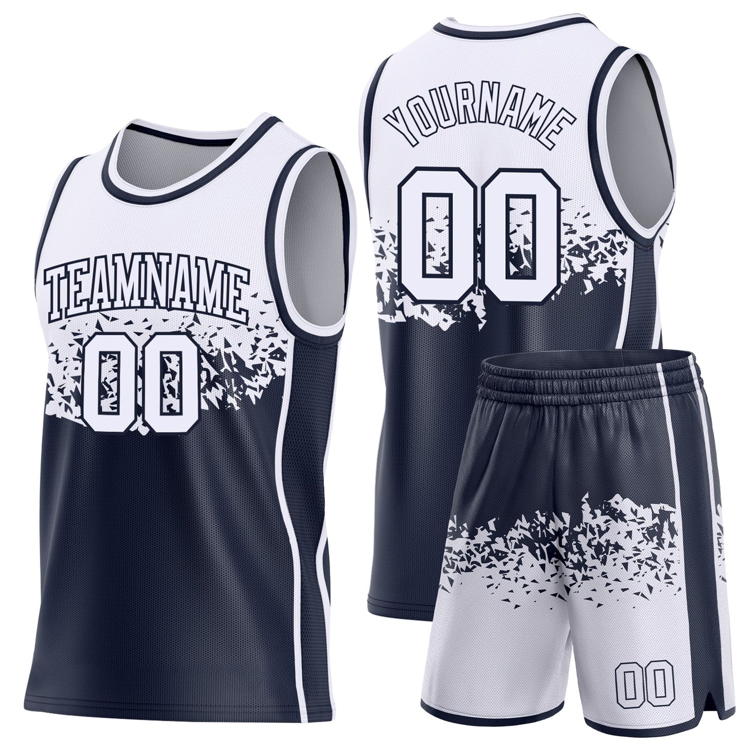 Custom White-Navy Shattered Geometric Side Panel Stripe Round Neck Sublimation Basketball Set Jersey