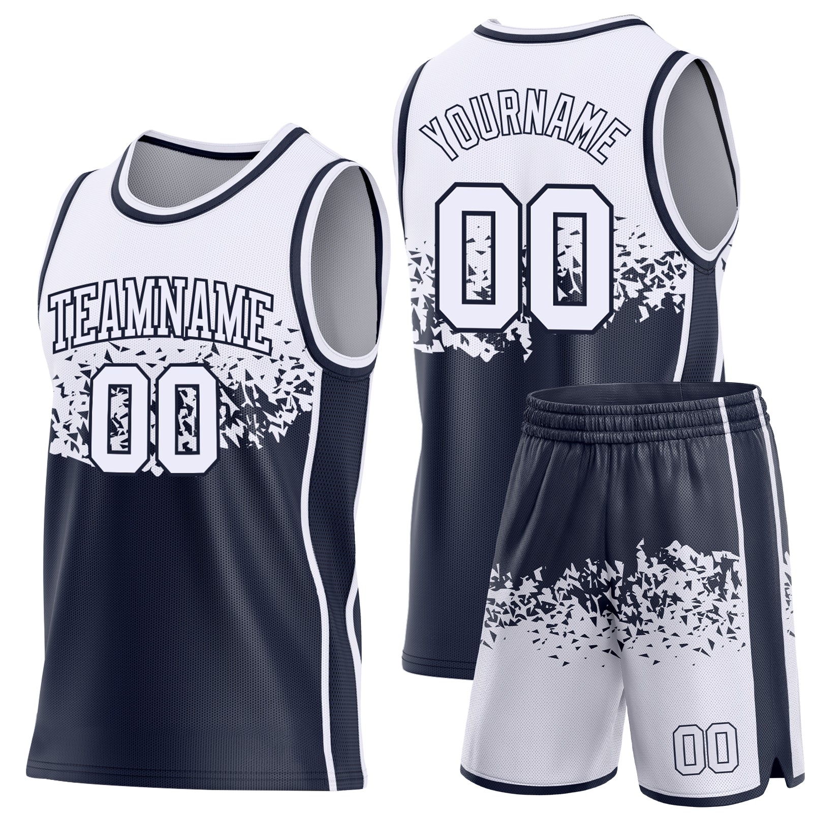 Custom White-Navy Shattered Geometric Side Panel Stripe Round Neck Sublimation Basketball Set Jersey