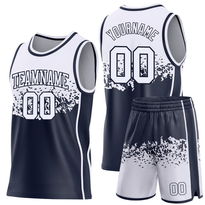 Custom White-Navy Shattered Geometric Side Panel Stripe Round Neck Sublimation Basketball Set Jersey