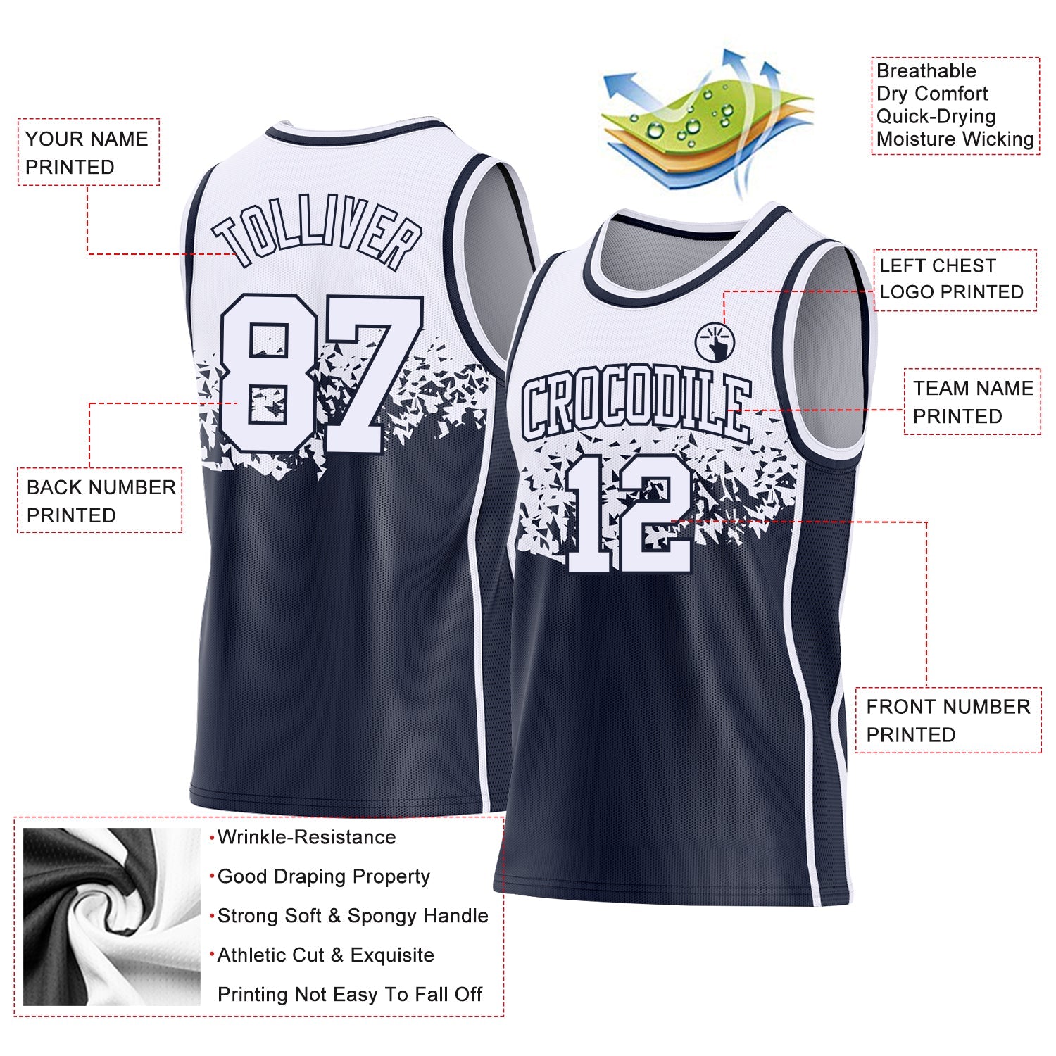 Custom White-Navy Shattered Geometric Side Panel Stripe Round Neck Sublimation Basketball Set Jersey