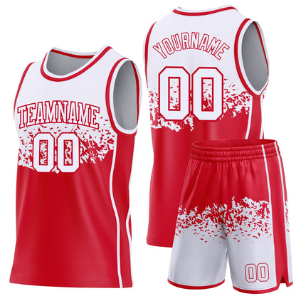 Custom White-Red Shattered Geometric Side Panel Stripe Round Neck Sublimation Basketball Set Jersey