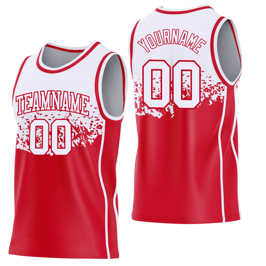 Custom White-Red Shattered Geometric Side Panel Stripe Round Neck Sublimation Basketball Set Jersey