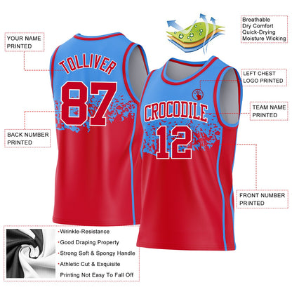 Custom Powder Blue Red-White Shattered Geometric Side Panel Stripe Round Neck Sublimation Basketball Set Jersey