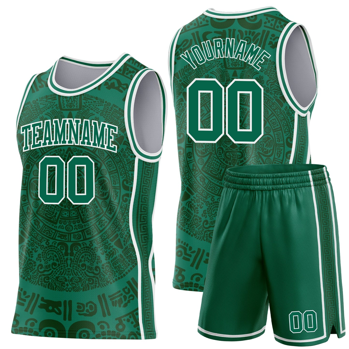 Custom Kelly Green-White Tribal Ethnic Aztec Sun Stone Side Panel Stripe Round Neck Sublimation Basketball Set Jersey