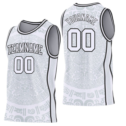 Custom White-Black Tribal Ethnic Aztec Sun Stone Side Panel Stripe Round Neck Sublimation Basketball Set Jersey