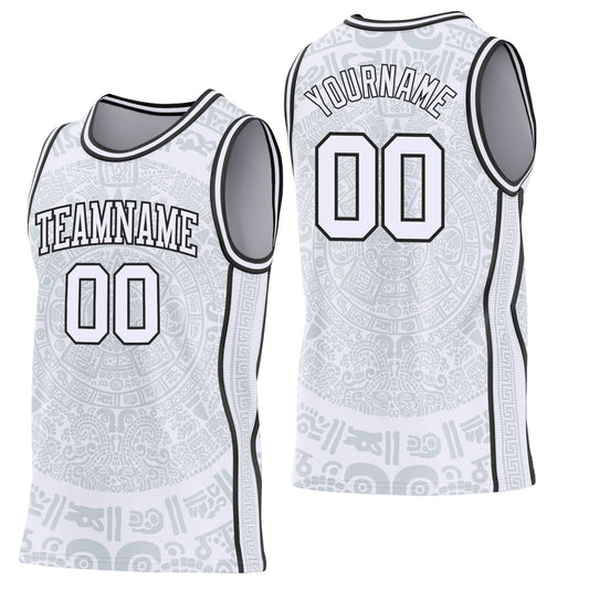 Custom White-Black Tribal Ethnic Aztec Sun Stone Side Panel Stripe Round Neck Sublimation Basketball Set Jersey
