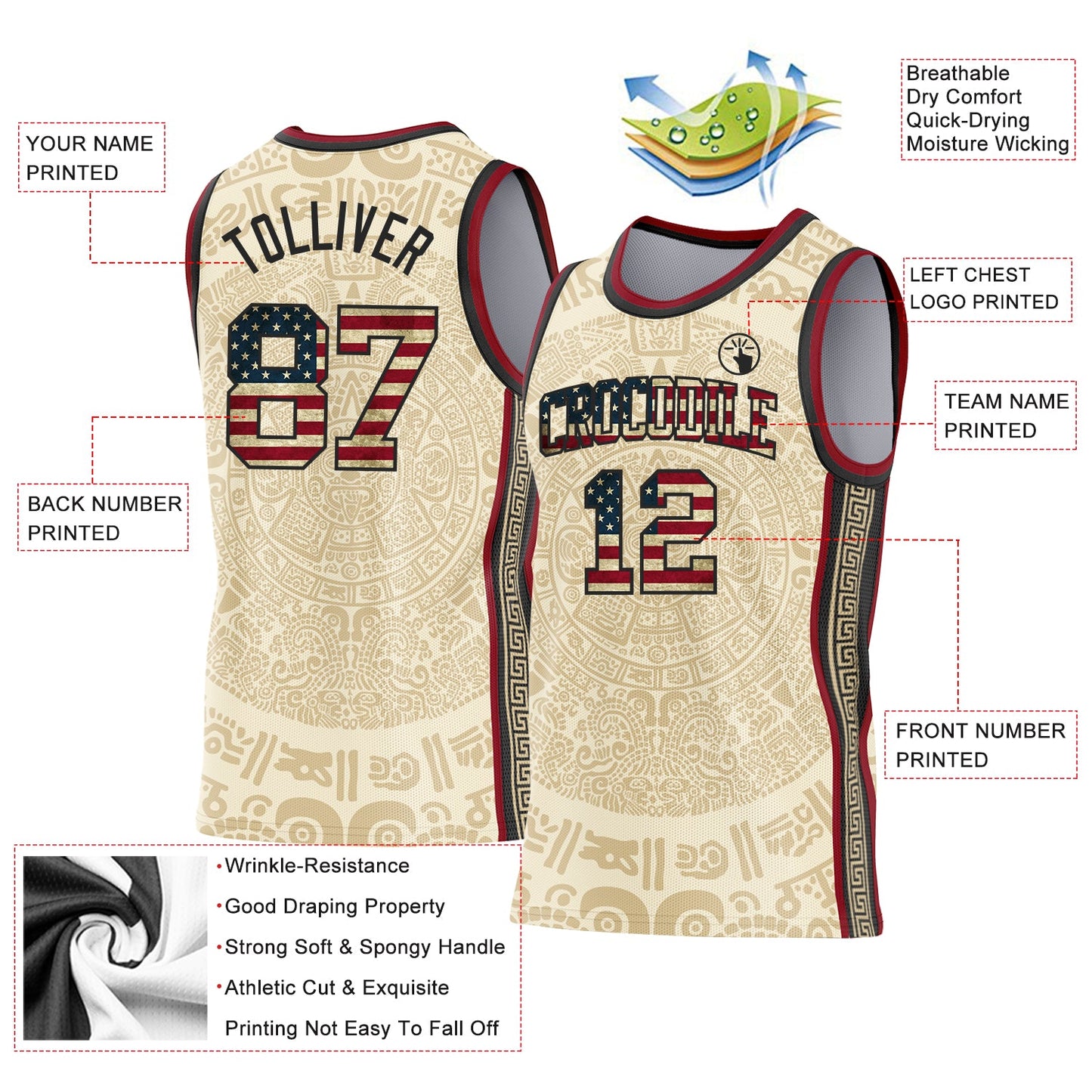 Custom Cream Vintage USA Flag Black-Maroon Tribal Ethnic Aztec Sun Stone Side Panel Stripe Round Neck Sublimation Basketball Set Jersey