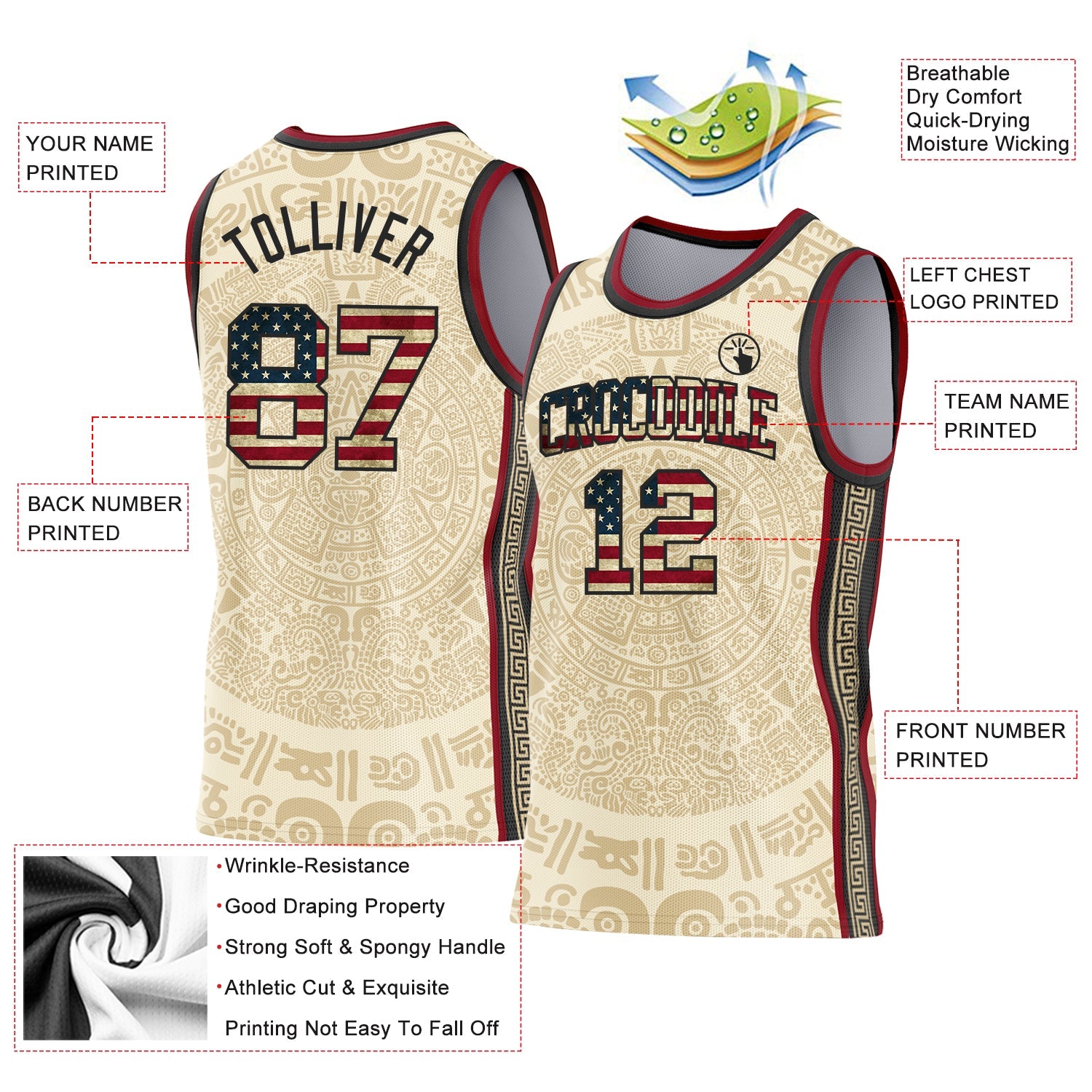 Custom Cream Vintage USA Flag Black-Maroon Tribal Ethnic Aztec Sun Stone Side Panel Stripe Round Neck Sublimation Basketball Set Jersey