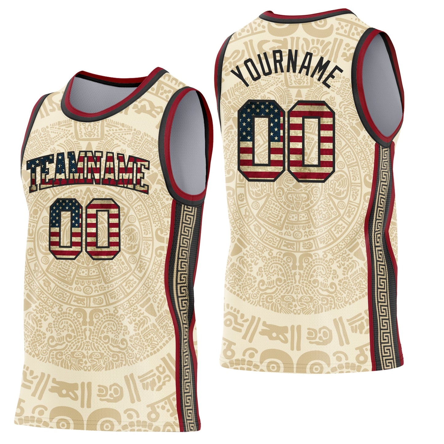Custom Cream Vintage USA Flag Black-Maroon Tribal Ethnic Aztec Sun Stone Side Panel Stripe Round Neck Sublimation Basketball Set Jersey