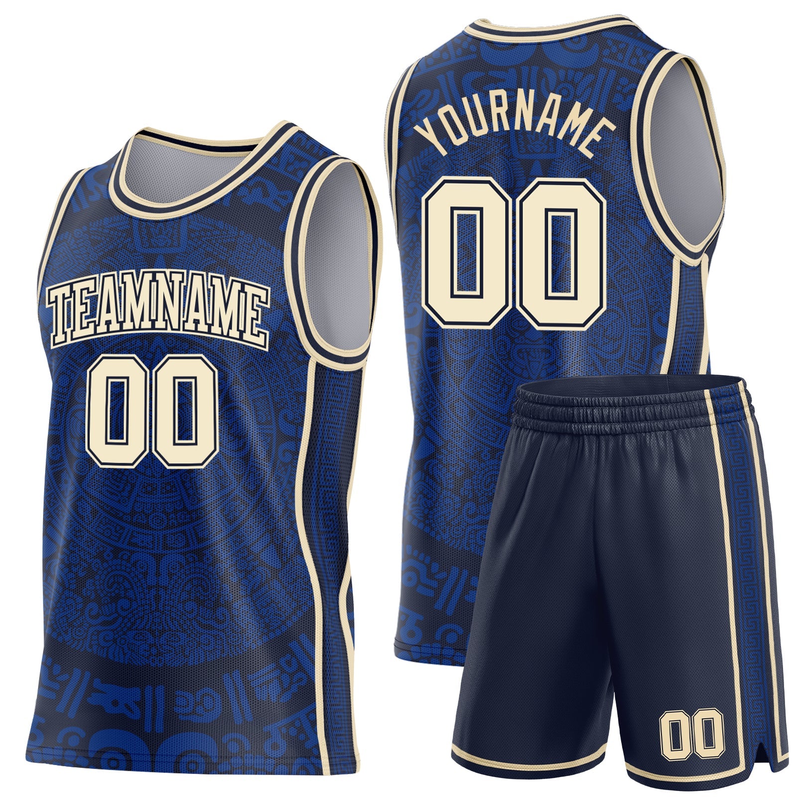 Custom Royal Cream-Navy Tribal Ethnic Aztec Sun Stone Side Panel Stripe Round Neck Sublimation Basketball Set Jersey