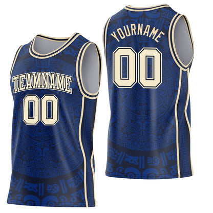 Custom Royal Cream-Navy Tribal Ethnic Aztec Sun Stone Side Panel Stripe Round Neck Sublimation Basketball Set Jersey