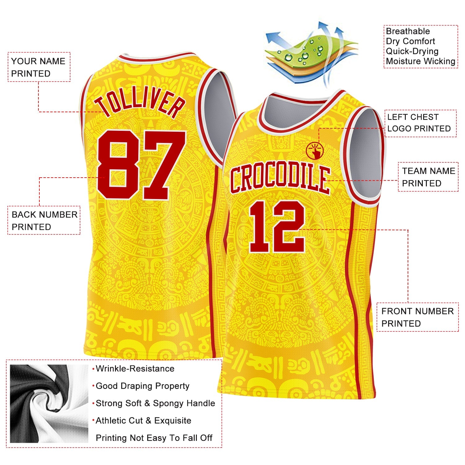 Custom Gold Red-White Tribal Ethnic Aztec Sun Stone Side Panel Stripe Round Neck Sublimation Basketball Set Jersey