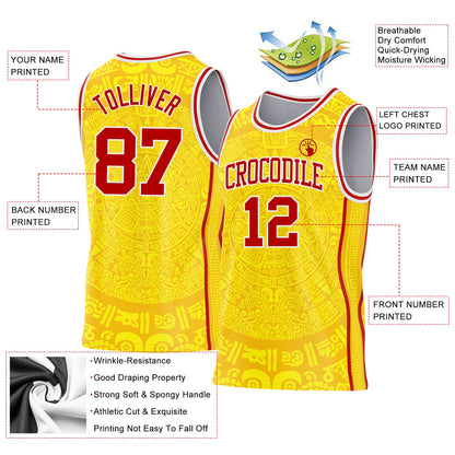 Custom Gold Red-White Tribal Ethnic Aztec Sun Stone Side Panel Stripe Round Neck Sublimation Basketball Set Jersey