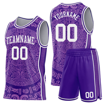 Custom Purple-White Tribal Ethnic Aztec Sun Stone Side Panel Stripe Round Neck Sublimation Basketball Set Jersey