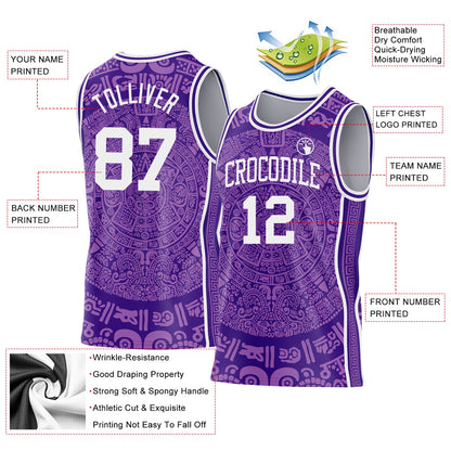Custom Purple-White Tribal Ethnic Aztec Sun Stone Side Panel Stripe Round Neck Sublimation Basketball Set Jersey