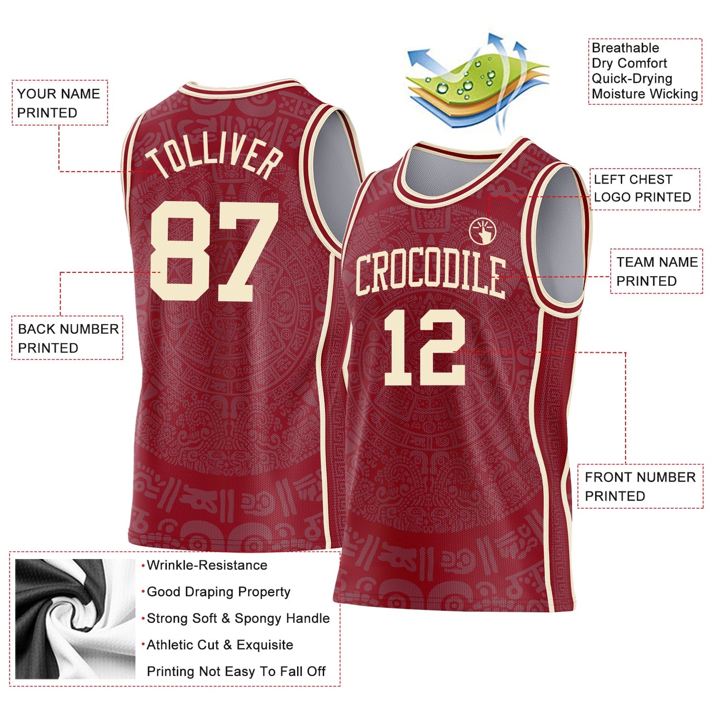 Custom Maroon-Cream Tribal Ethnic Aztec Sun Stone Side Panel Stripe Round Neck Sublimation Basketball Set Jersey