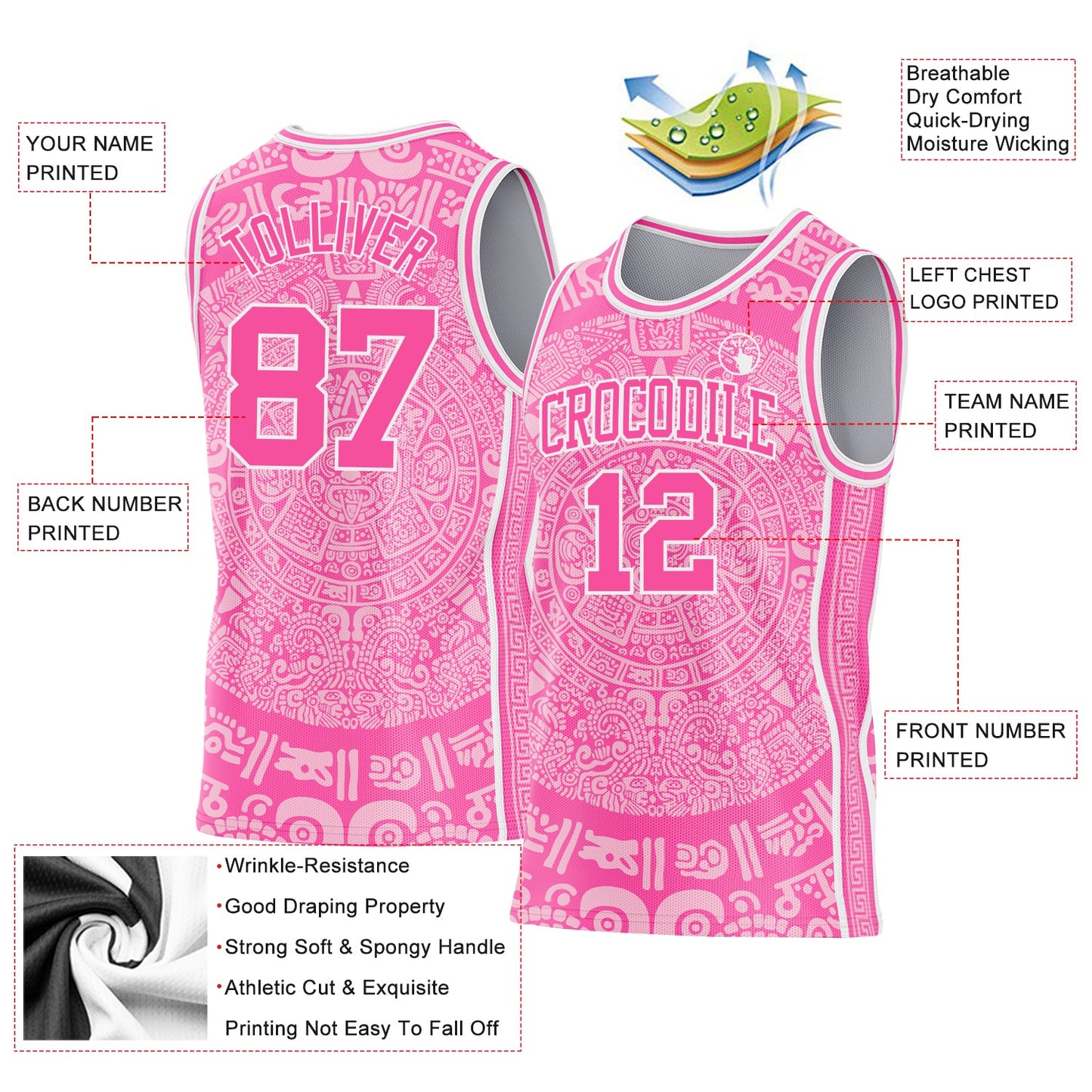 Custom Pink-White Tribal Ethnic Aztec Sun Stone Side Panel Stripe Round Neck Sublimation Basketball Set Jersey