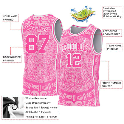 Custom Pink-White Tribal Ethnic Aztec Sun Stone Side Panel Stripe Round Neck Sublimation Basketball Set Jersey