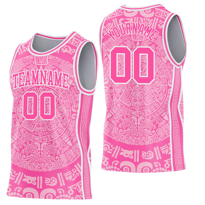 Custom Pink-White Tribal Ethnic Aztec Sun Stone Side Panel Stripe Round Neck Sublimation Basketball Set Jersey