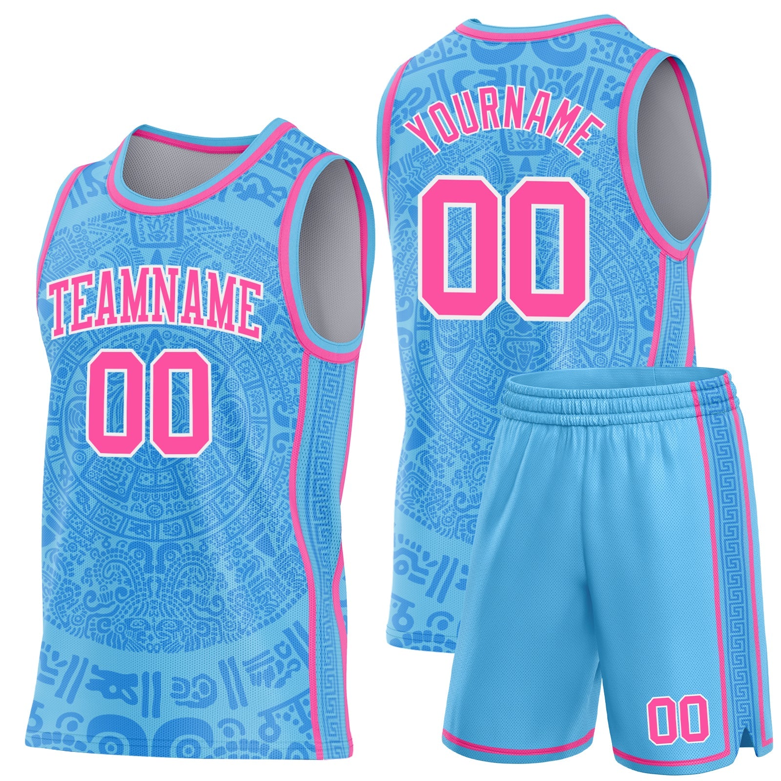 Custom Sky Blue Pink-White Tribal Ethnic Aztec Sun Stone Side Panel Stripe Round Neck Sublimation Basketball Set Jersey
