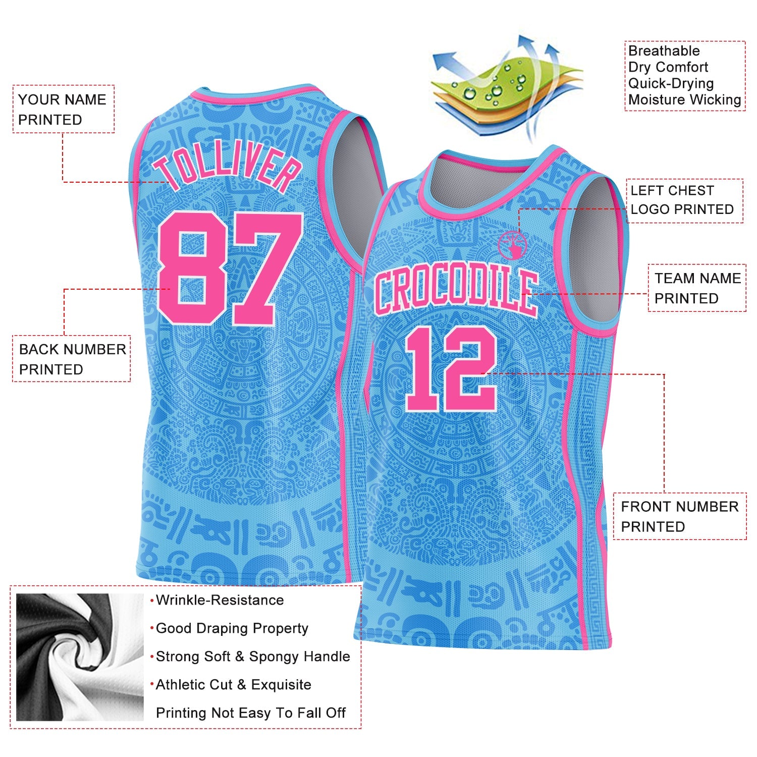 Custom Sky Blue Pink-White Tribal Ethnic Aztec Sun Stone Side Panel Stripe Round Neck Sublimation Basketball Set Jersey