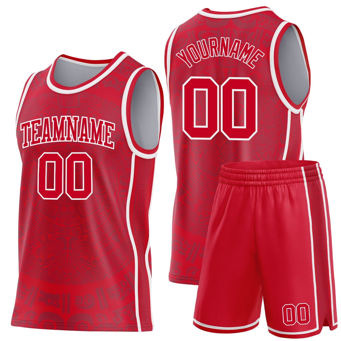 Custom Red-White Tribal Ethnic Aztec Sun Stone Side Panel Stripe Round Neck Sublimation Basketball Set Jersey