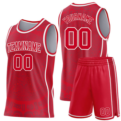 Custom Red-White Tribal Ethnic Aztec Sun Stone Side Panel Stripe Round Neck Sublimation Basketball Set Jersey