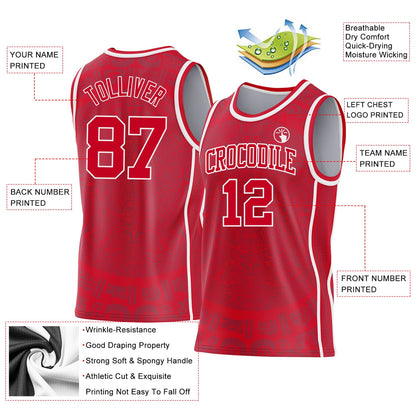 Custom Red-White Tribal Ethnic Aztec Sun Stone Side Panel Stripe Round Neck Sublimation Basketball Set Jersey