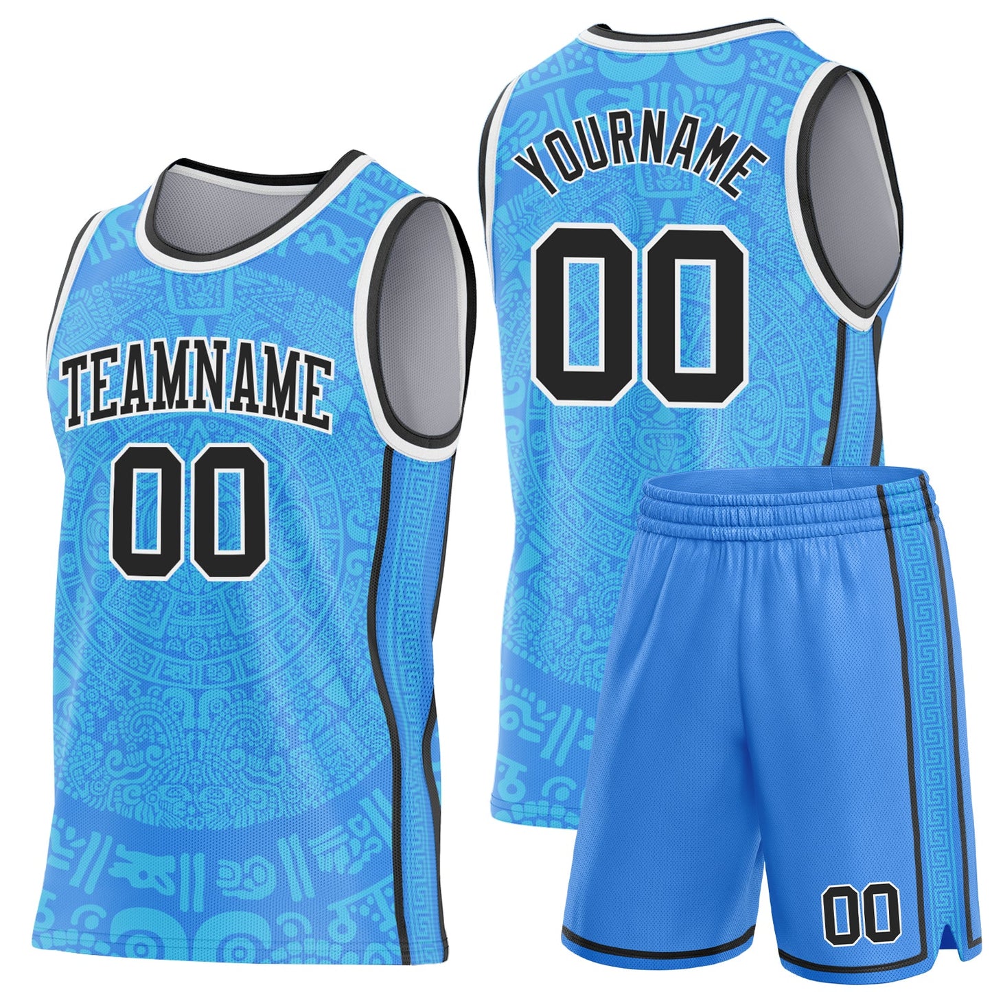 Custom Powder Blue Black-White Tribal Ethnic Aztec Sun Stone Side Panel Stripe Round Neck Sublimation Basketball Set Jersey