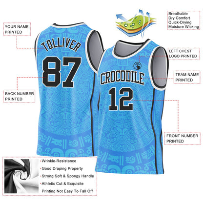 Custom Powder Blue Black-White Tribal Ethnic Aztec Sun Stone Side Panel Stripe Round Neck Sublimation Basketball Set Jersey