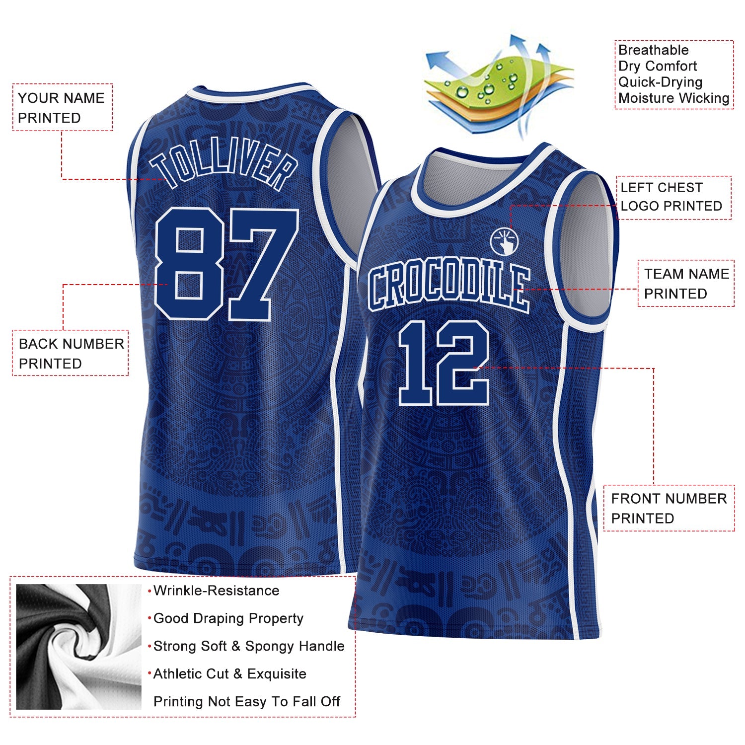 Custom Royal-White Tribal Ethnic Aztec Sun Stone Side Panel Stripe Round Neck Sublimation Basketball Set Jersey