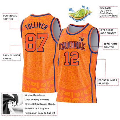 Custom Orange-Royal Tribal Ethnic Aztec Sun Stone Side Panel Stripe Round Neck Sublimation Basketball Set Jersey