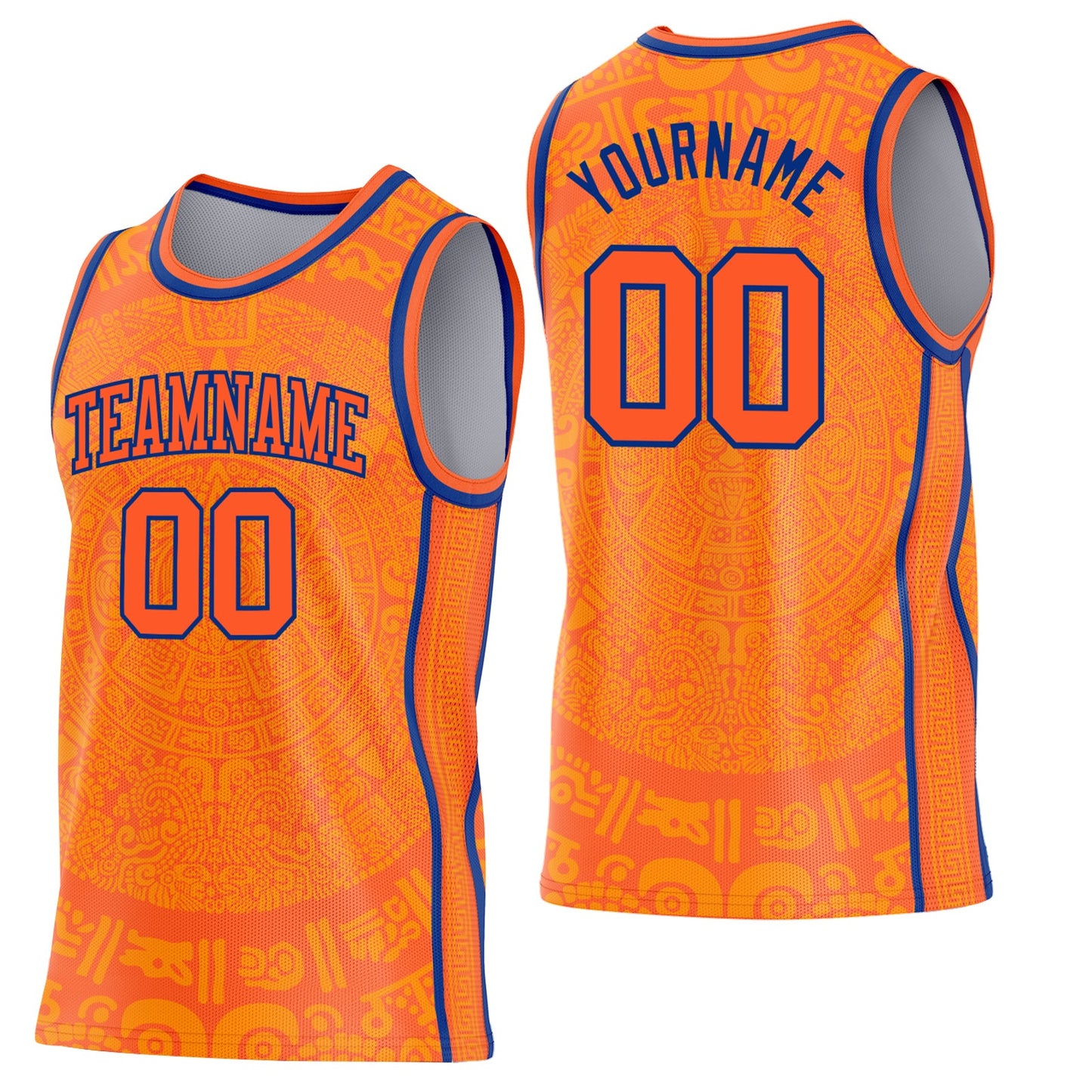 Custom Orange-Royal Tribal Ethnic Aztec Sun Stone Side Panel Stripe Round Neck Sublimation Basketball Set Jersey